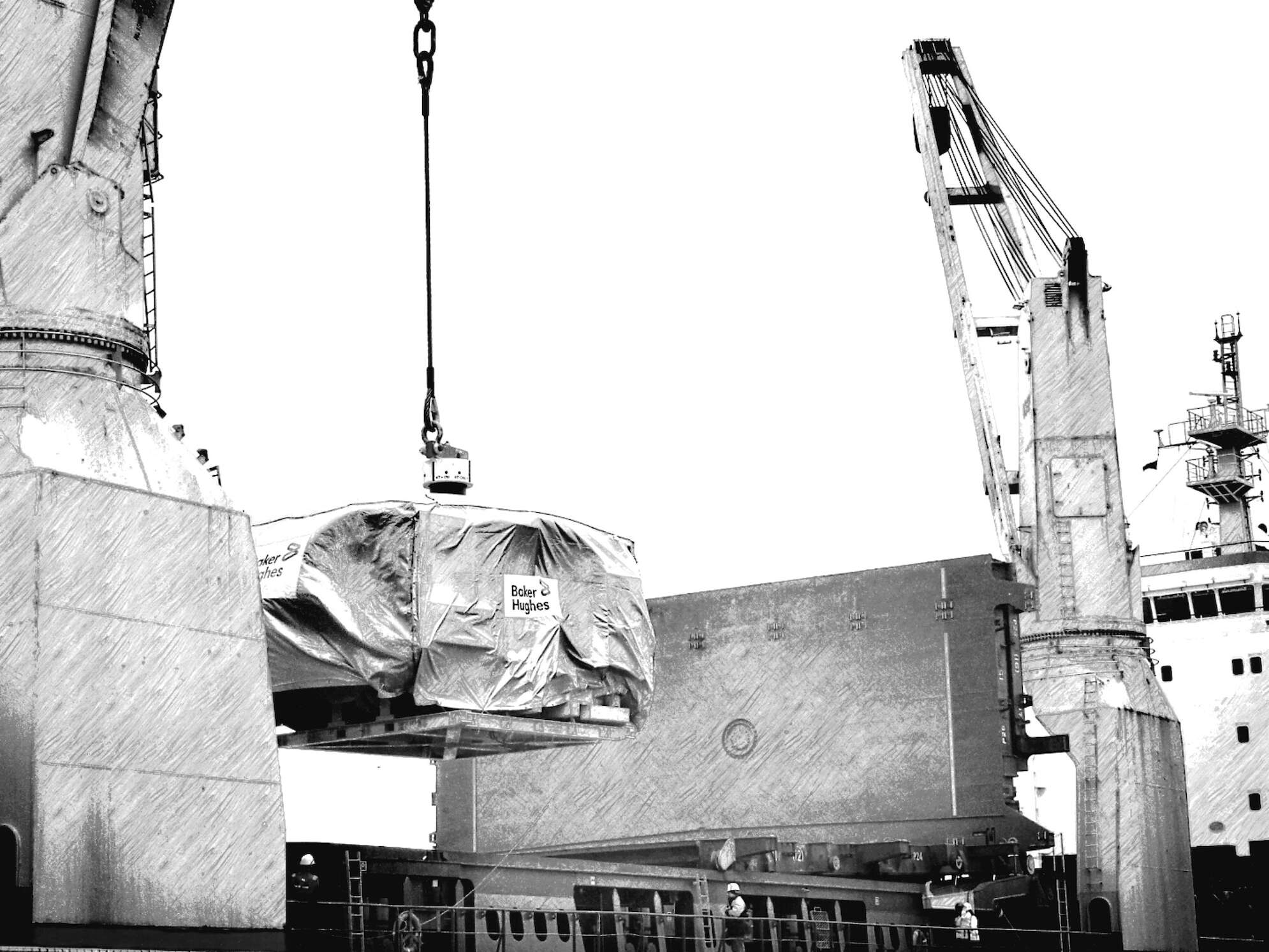 A pencil drawing of a crane lifting heavy cargo onto a ship.